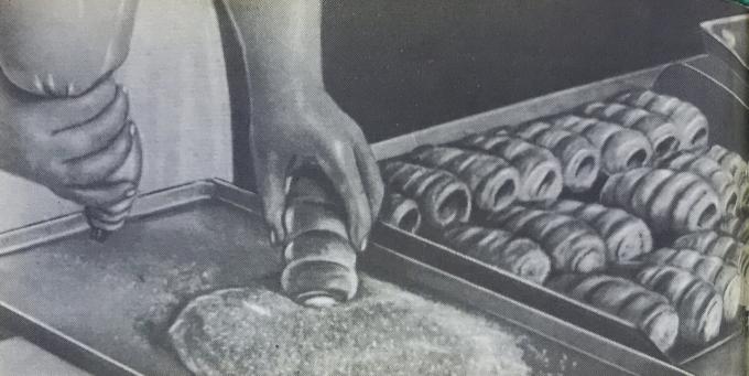 Sposób wytwarzania cewek z kremu. Zdjęcie z książki „produkcja ciast i ciastek,” 1976 