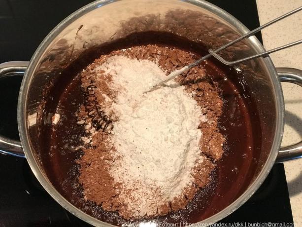 Do sproszkowanego cukru i kakao mieszać bez grudek użyć trzepaczki.